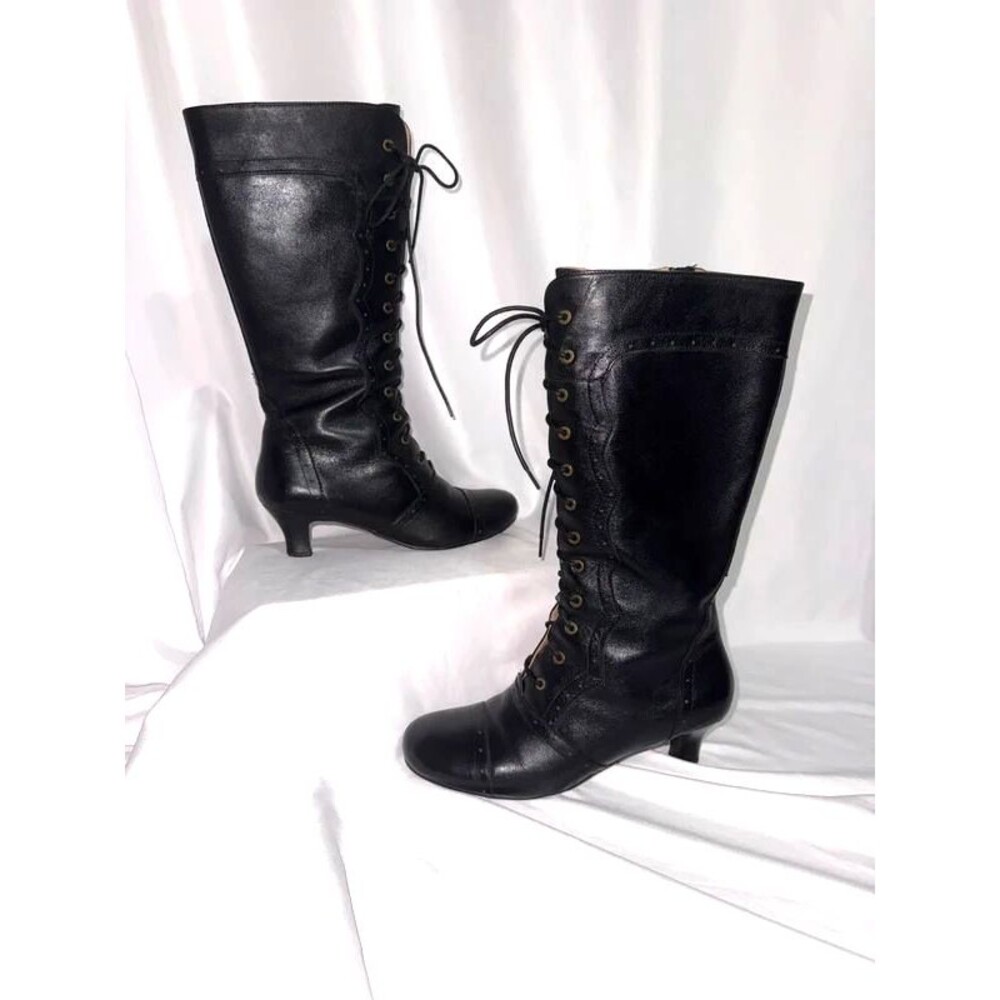 Women’s Black Vintage Lace-Up Mid-Calf Leather Boots 8W | Victorian Whimsigoth